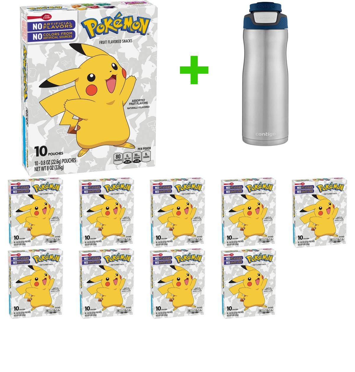 Betty Crocker Pokemon Fruit Flavored Snacks 8oz(10 PACK)+ Contigo Autoseal Chill Stainless