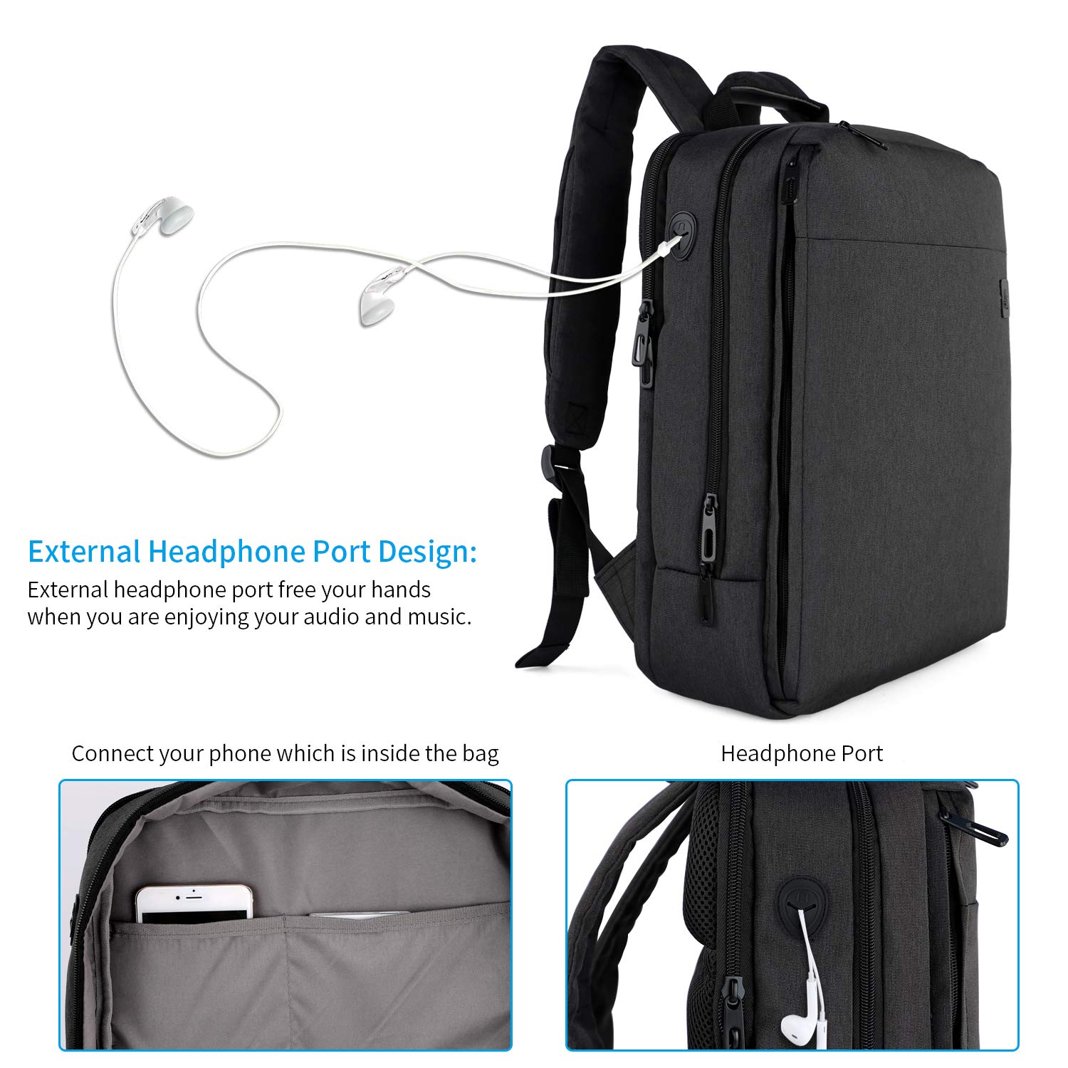 Cai 7331 Large Business Travel Backpack, Durable Multi-Functional Water Resistant, School College Commuting Bag with Headphones Port and luggage strap 15.6 \