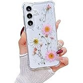 Lewrtser Compatible with Samsung Galaxy S25 Case Cute Pressed Dried Real Flowers Design Women Girly Shockproof Glitter Floral Clear Phone Cover for Galaxy S25 (Pink Flower)