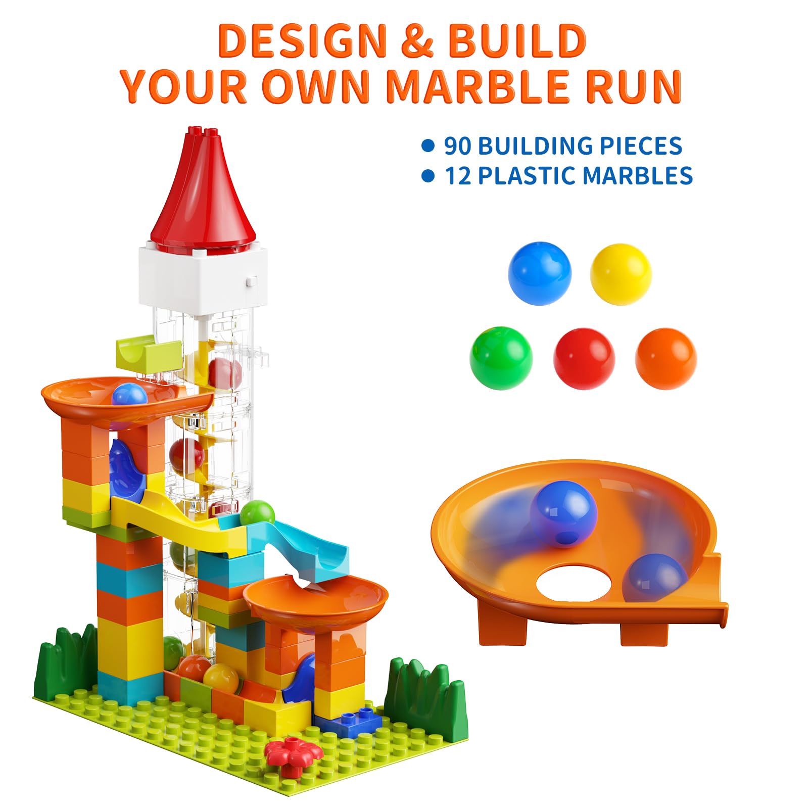 Electric Marble Run with Automatic Elevator Lift - STEM Building Toy for Kids Ages 4-8, 102 PCS Construction Set with 10 Marbles & Transparent Track, Compatible with Standard Building Blocks