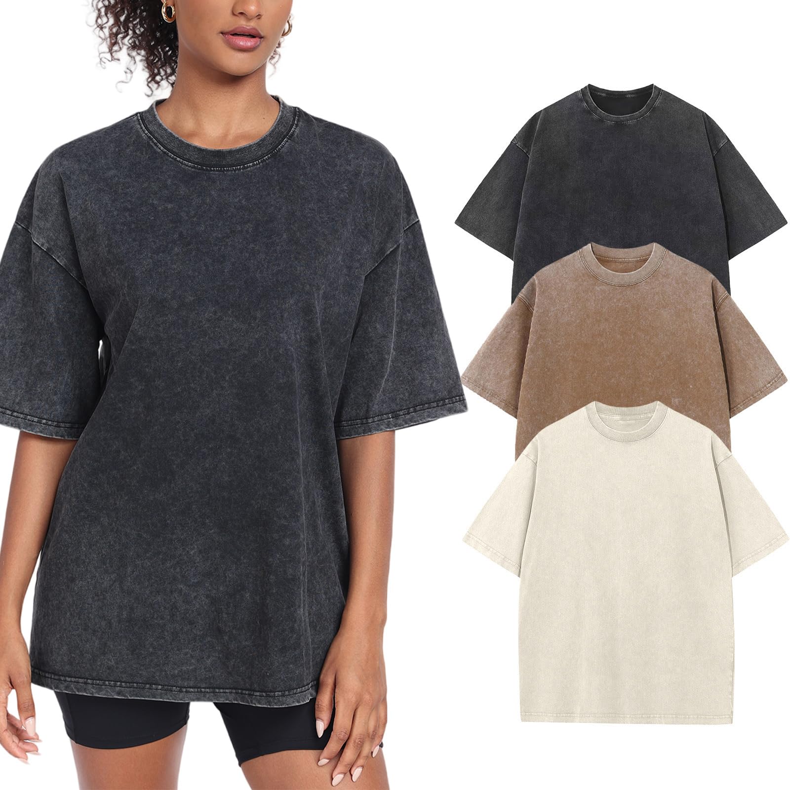 3 Pack Womens Washed Vintage Oversized T-Shirt Casual Baggy Streetwear Boyfriend Tee Workout Short Sleeve Cotton Tops(W-BGCFBK,2XL) Image 3 Pack Womens Washed Vintage Oversized T-Shirt Casual Baggy Streetwear Boyfriend Tee Workout Short Sleeve Cotton Tops(W-BGCFBK,2XL) Image