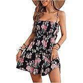 Floerns Women's Boho Floral Print Sleeveless Sundress Ruched Bust Flare Hem Vacation Cami Short Dress