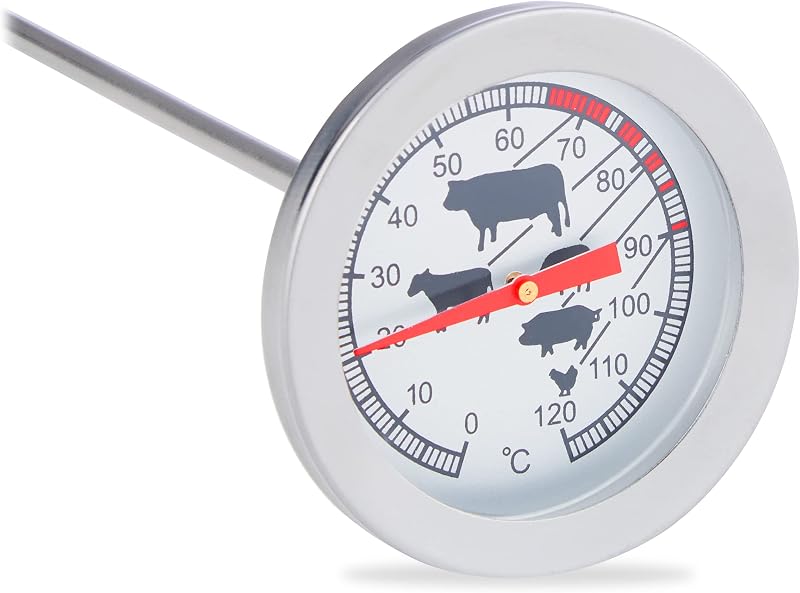 Termometro da Cucina Analogico, Sonda Alimentare per Carne, Acciaio, Accessorio da Chef, 20 cm, argento