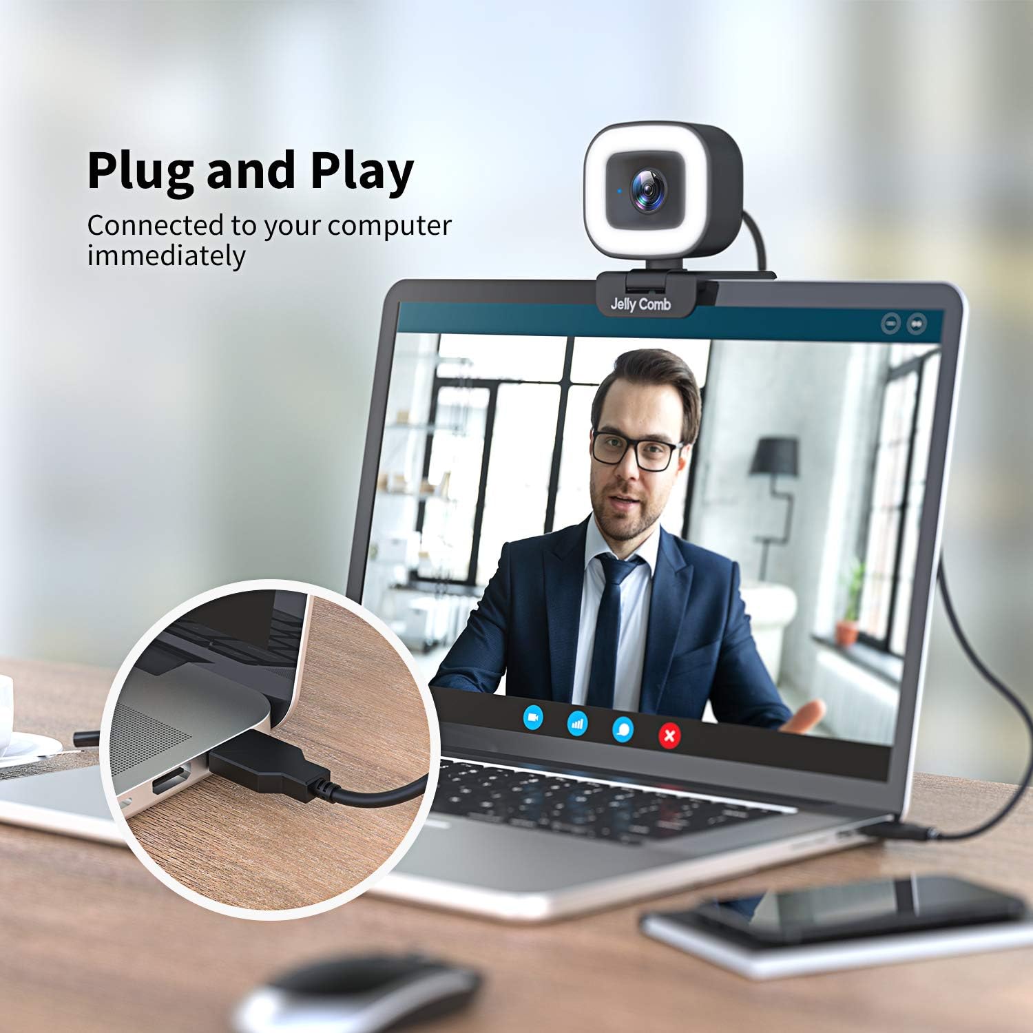 60FPS Webcam with Ring Light, Jelly Comb Auto-Focus HD 60FPS, 1080P Web Camera with Dual Microphone and Privacy Cover for YouTube, Skype, Zoom, Twitch, OBS, Xsplit and Video Calling, W15 : Electronics