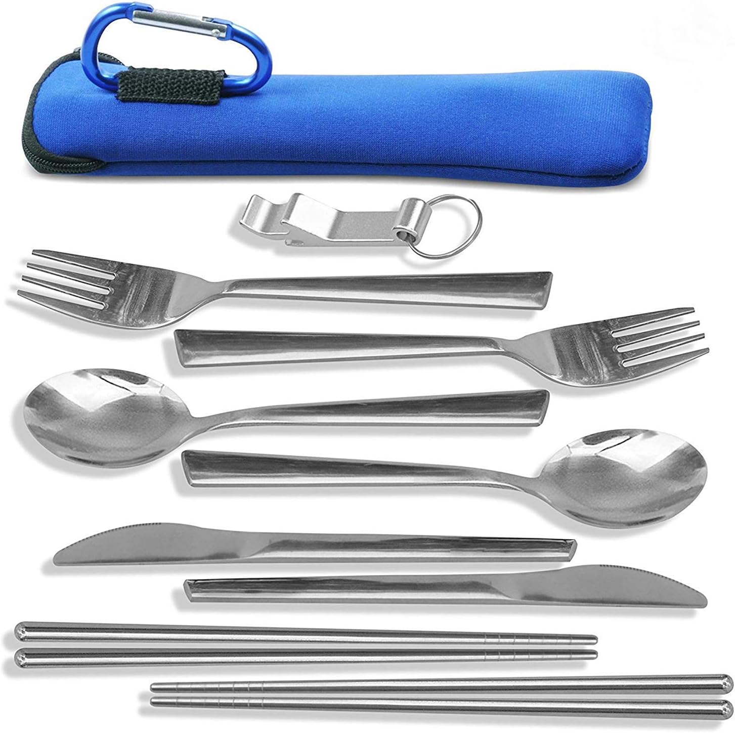 TravelSource Camping Cutlery - 2 Person Set. Includes 2 sets of cutlery, chopsticks & a bottle opener stored in a washable neoprene bag with Carabiner. Perfect for Camping, Hiking & Picnics