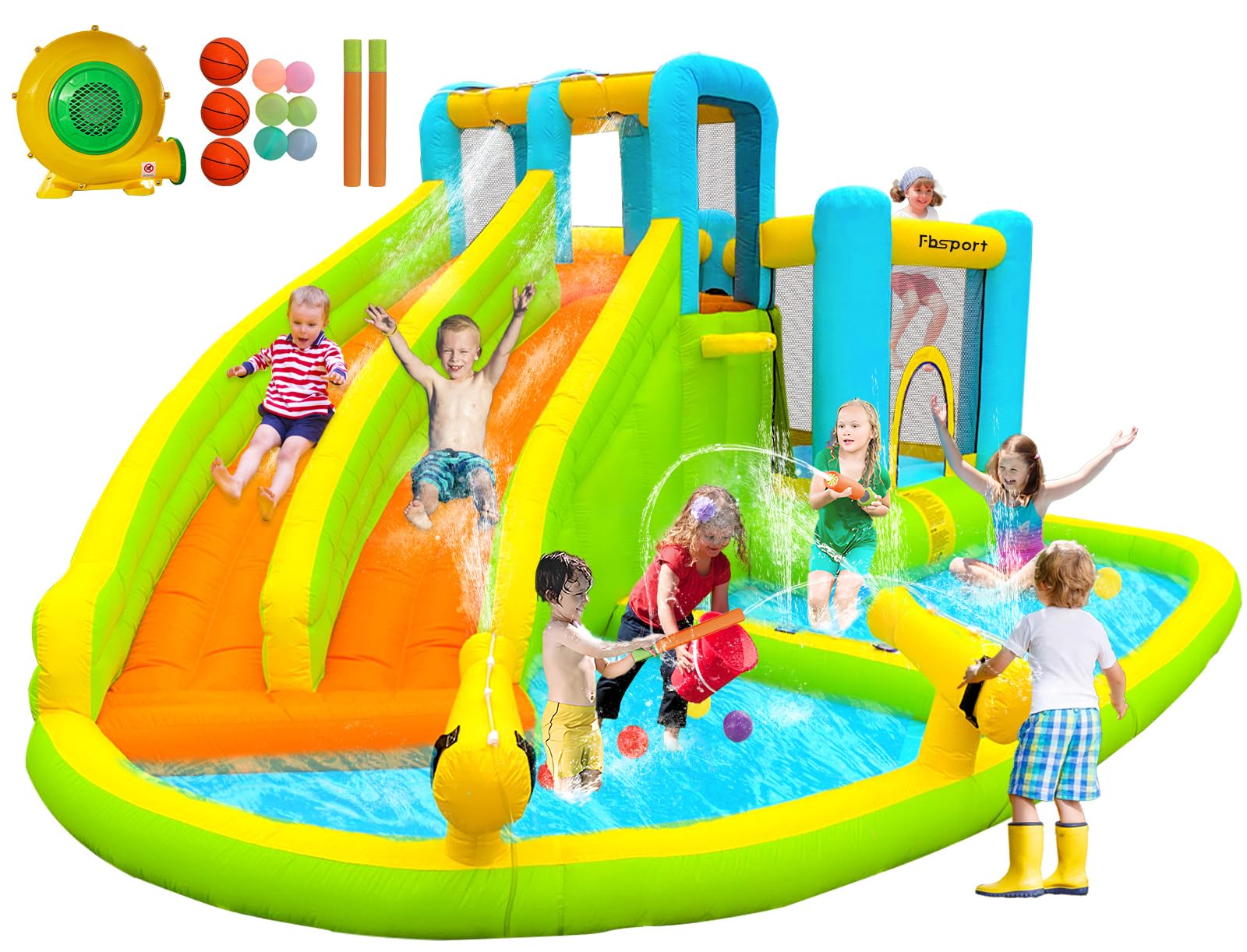 Photo 1 of FBSPORT Inflatable Bounce House,Water Slide Park Bouncer Castle with 2 Slide & Double Cannon, Climbing Wall, Kids Bouncy Castle with 550W Air Blower for Backyard, Outdoor, Indoor