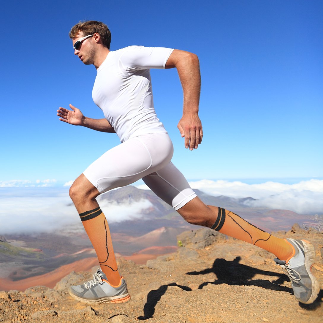 Compression Socks Men and Women, Qhui Graduated Athletic Sport Socks for Running, Medical, Nursing, Athletic, Crossfit, Flight Travel (Orange-L)