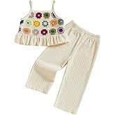 Toddler Baby Girl Summer Outfits Crochet Camisole Top and Linen Pants 2PC Kids Bohemian Beach Clothes for Girls