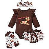 fioukiay Newborn Baby Girls Thanksgiving Clothes Outfits Infant 4pcs Turkey My First Thanksgiving Romper Shorts Clothing Sets