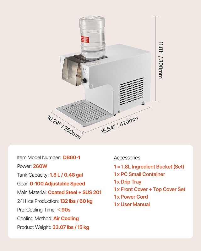 Broyeur à Glace Pilée 60 kg/24 h, Machine à Glace Râpée Flocon de Neige, avec Lame en Acier Inoxydable, Réservoir de 1,8 L, Pré-refroidissement Rapide, pour Dessert Boulangerie Café Maison — photo 7 sur 8