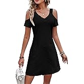 AELSON Womens Sexy Summer V Neck Dress Short Sleeve Off Shoulder Crochet A Line Dresses