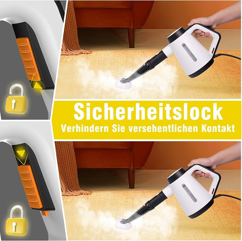 Handdampfreiniger, 400 ml Druck-Mehrzweckdampfreiniger mit 9-teiligem Zubehör, chemikalienfreier Dampfreiniger für den Heimgebrauch, Reinigung von Böden, Fliesen, Fenstern, Sofas (Weiß)
