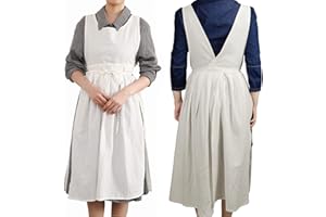 losofar Women Girls Vintage Pleated Split Apron V Neck Gardening Works Cotton Overall Smock Pinafore Dress