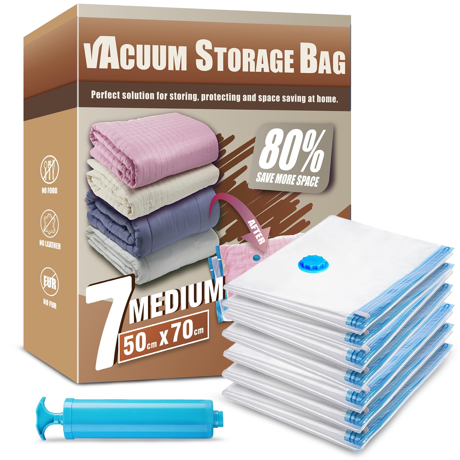 Space Saver Bags, Pack of 7 Medium Vacuum Storage Bags, Compressed Sealer Bags Storage for Clothes, Comforters, Beddings and Blankets with Hand Pump