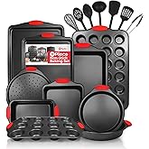 PERLLI Non-Stick 17-Piece Baking Pan Set, BPA-Free Carbon Steel Bakeware Set with Silicone Handles, Stackable Kitchen Oven Set, Cookie Sheet, Baking Tray, Baking Sheet Set, Utensils, Oven Safe (446°F)