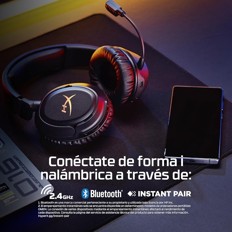 Cloud Flight 2 – Auscultadores de gaming sem fios, luzes RGB personalizáveis, bateria de 100 horas, dual wireless 2,4GHz e Bluetooth, emparelhamento instantâneo, PC/PS/Switch/Mobile, branco