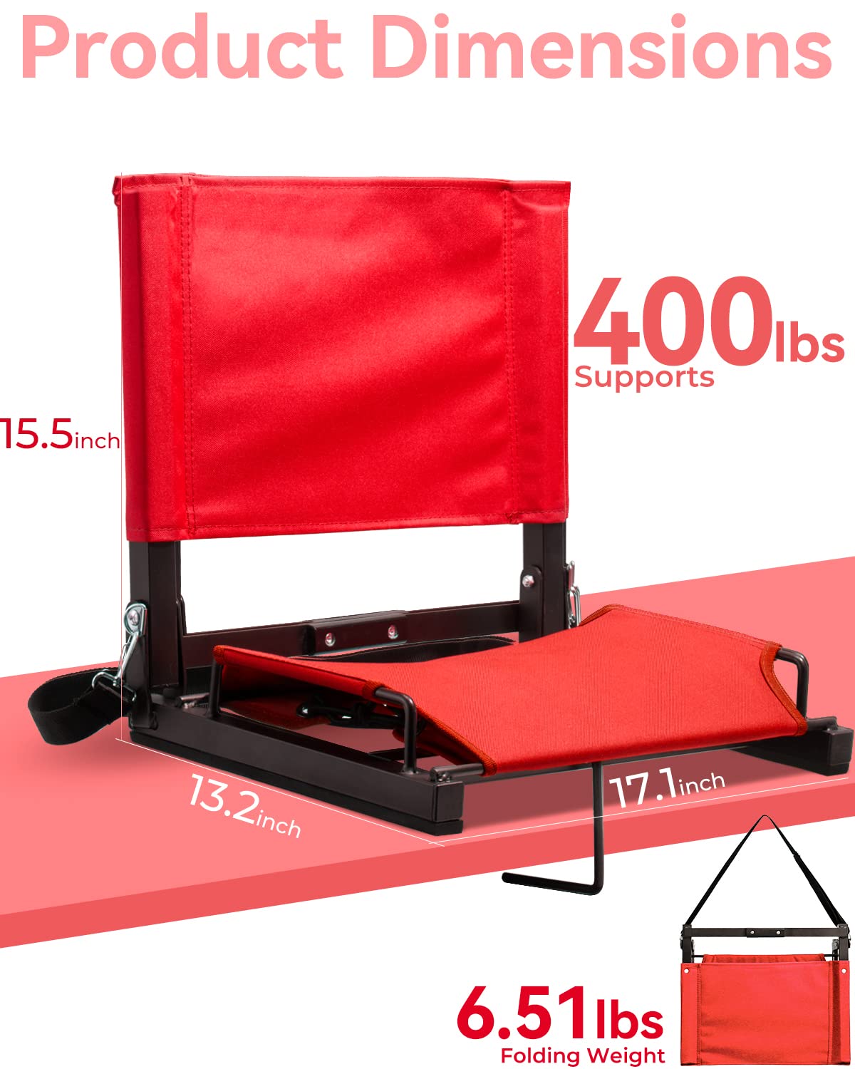 thumbnail image 2 of Portable Stadium Seat For Bleachers With Back Support, Folding Bleacher Chair With Cup Holder And Shoulder Strap Red 2 of 9