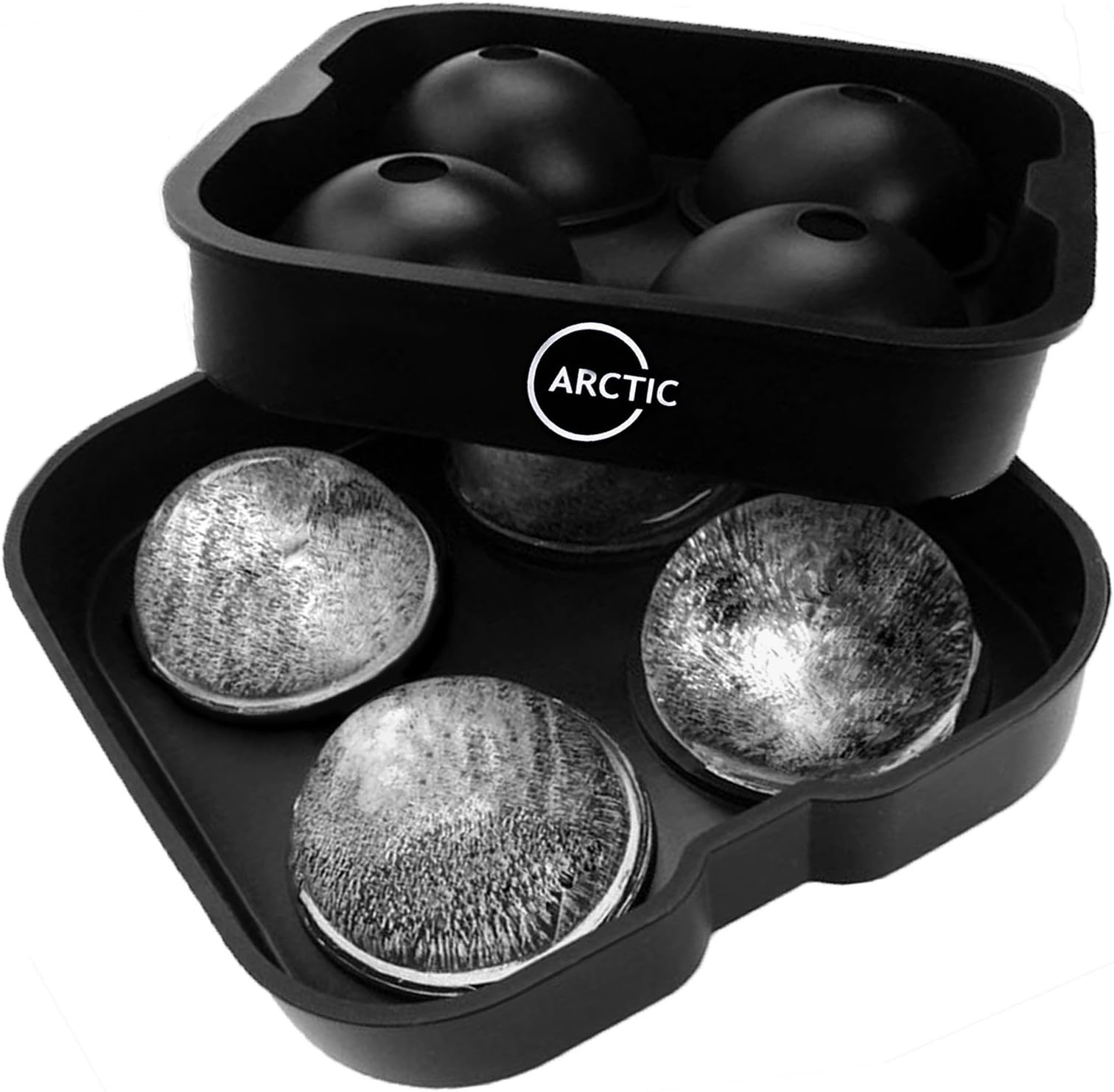 Fast-Release Ice Ball Maker - Premium Black Flexible Silicone Tray - Ice Ball Mould makes 4 Large Round Ice Spheres - by Arctic Circle