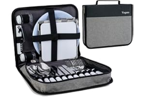 Vogano Picnic Set for 4 - Includes 26 Pcs, Portable Travel Utensils with Case, Reusable Camping Cutlery Plates, Stainless Steel of Spoons and Forks, for Hiking, Camp, BBQ, Gift (Grey)