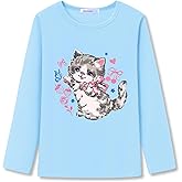 Serdomi Girls Long Sleeve T-Shirt - Soft Tops Pink Cute Cat Graphic Tee Size 6-14