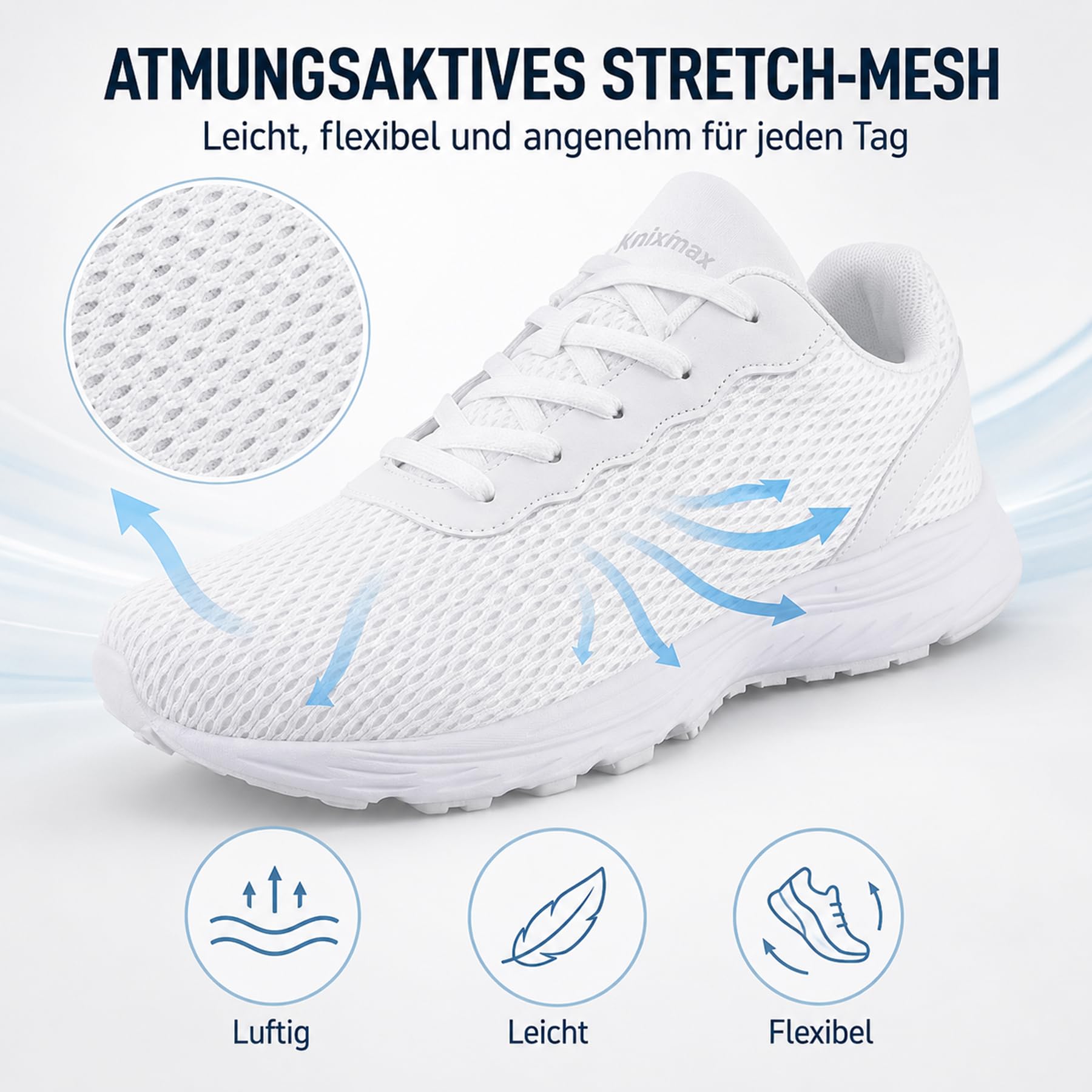 Knixmax Outdoor Walkingschuhe für Damen und Herren – atmungsaktive Sneaker für breitere Füße mit breiter Zehenbox leichte Komfortschuhe Weiß(Leichter Blaustich) EU42 3