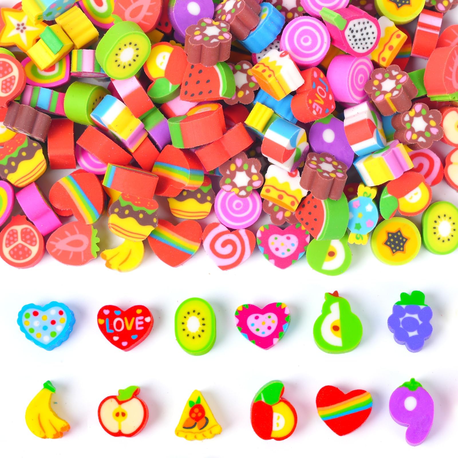 Food Heart Mini Erasers for Kids Bulk Cake Fruit Cute Erasers 170Pcs Desk Pets Classroom Prizes Game Rewards Party Favors Back to School