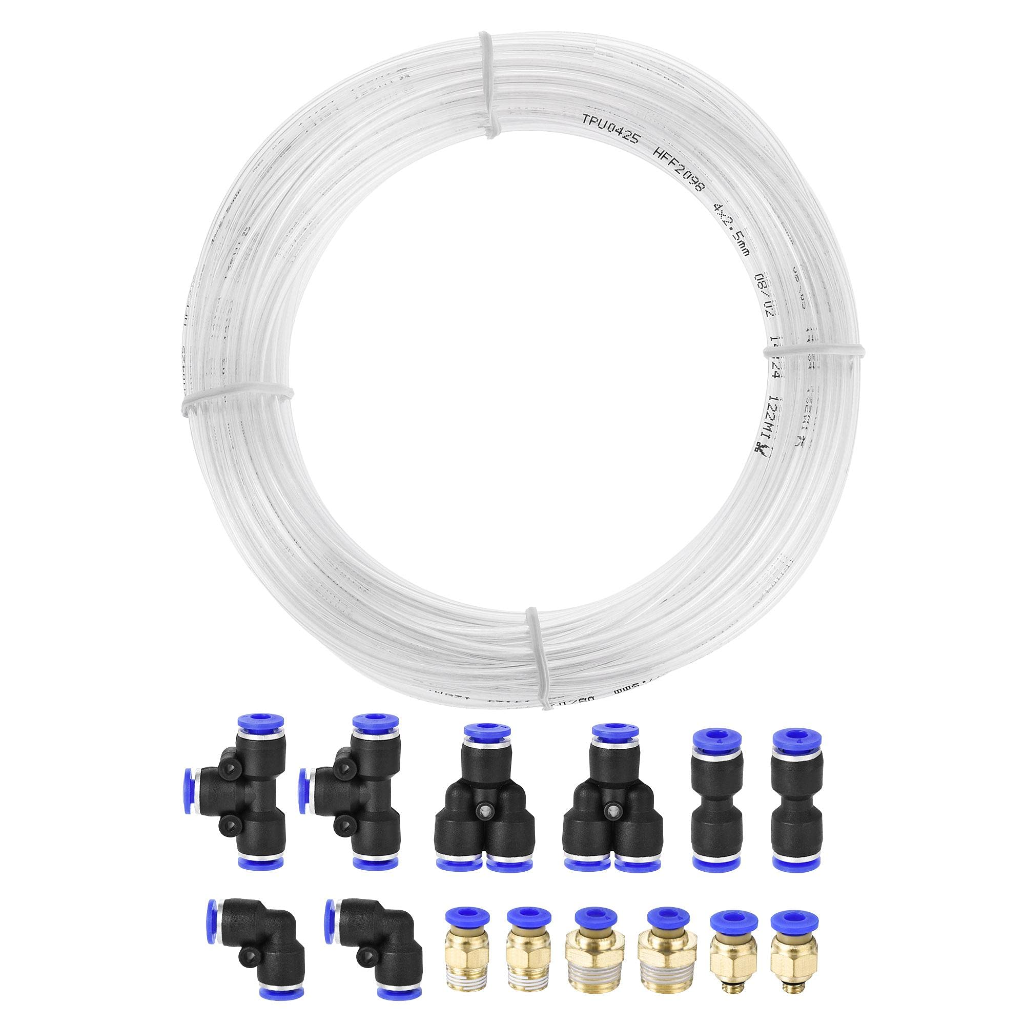 sourcing map Pneumatic 4mm OD Polyurethane PU Air Hose Tubing Kit 10 Meters Clear with 14 Pcs Push to Connect Fittings