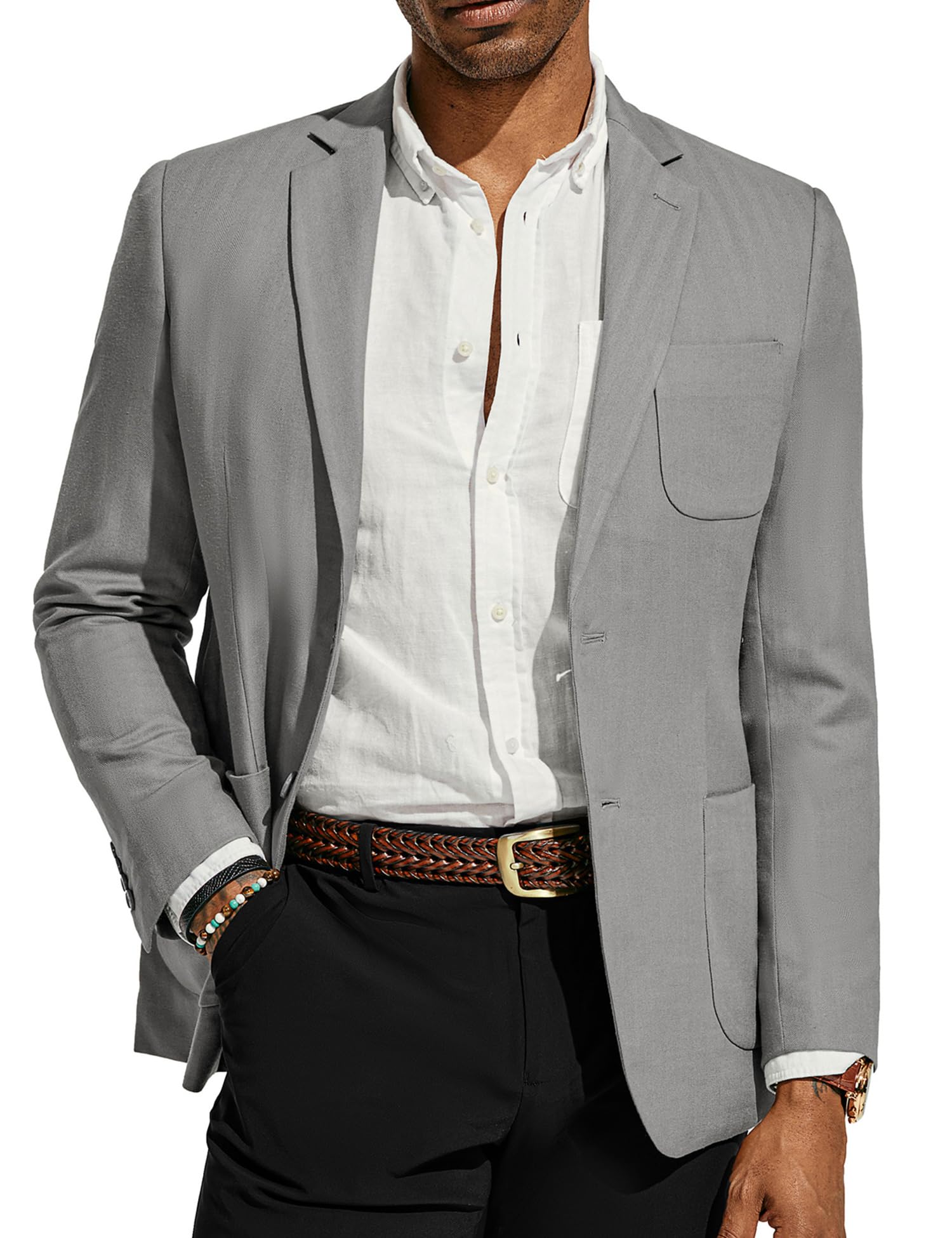 Photo 1 of PJ PAUL JONES Men's Blazer Cotton Linen Herringbone Regular Fit Sports Coats Single Breasted Two Buttons Notched Lapel Suit Jacket Light Grey