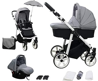 Skyline 3in1 Kombi Kinderwagen mit einem Aluminium Gestell, Babywanne, Sport Buggyaufsatz und Babyschale (ISOFIX) (Grau)
