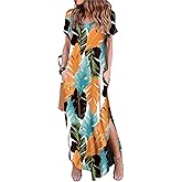 Camdoria Women's Casual Loose Sundress Short Sleeve V Neck Long Dress Split Maxi Summer Beach Dress with Pockets