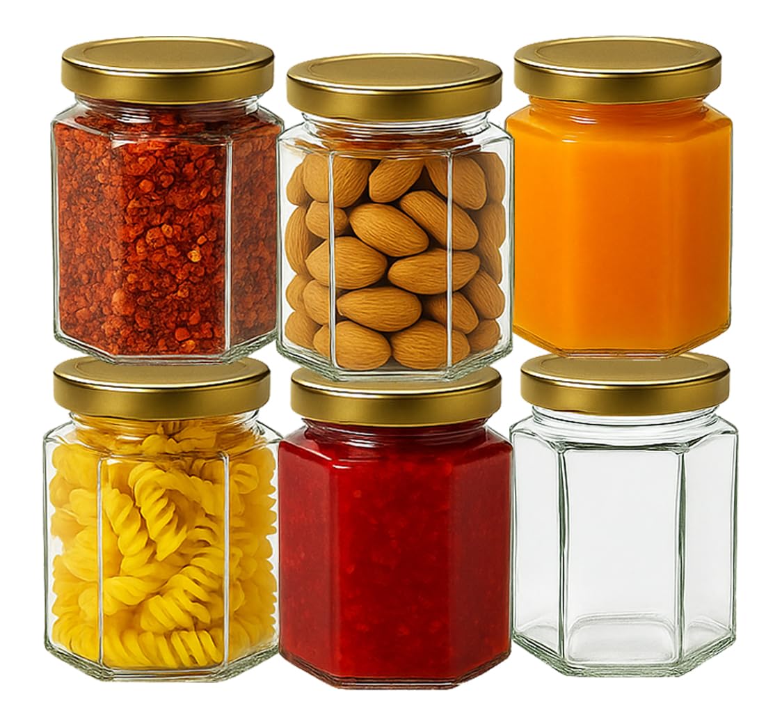 Offer Shop Glass Jam Jars Set of 6 Mason Glass Jars with Gold Lids - 280ml / 9oz Hexagonal Jars of Screw Top Lid to Preserve Jam Spices Sweets