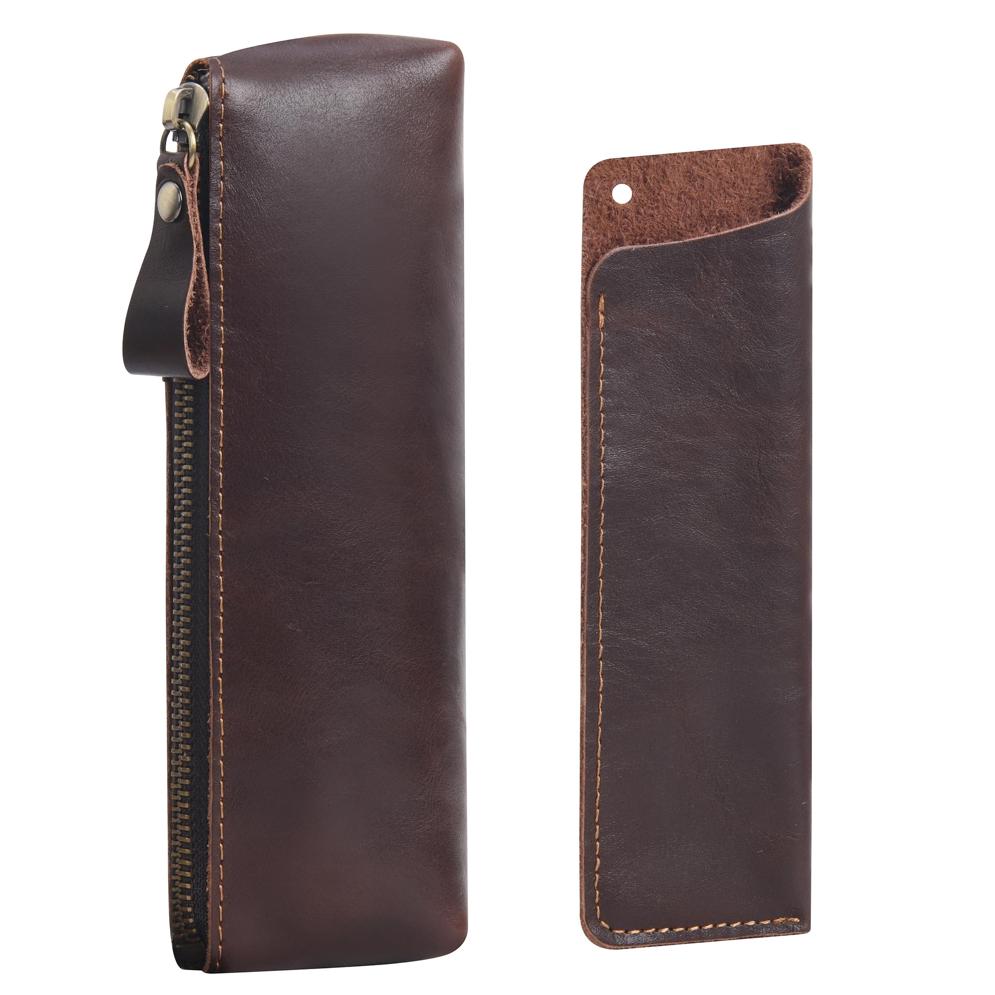 WONDERPOOL Leather 1pc Pencil Case & 1pc Fountain Pen Holder - Portable Compact Drawing Marker Pen Stationery Pouches for School Office Travel Organizer(Coffee)