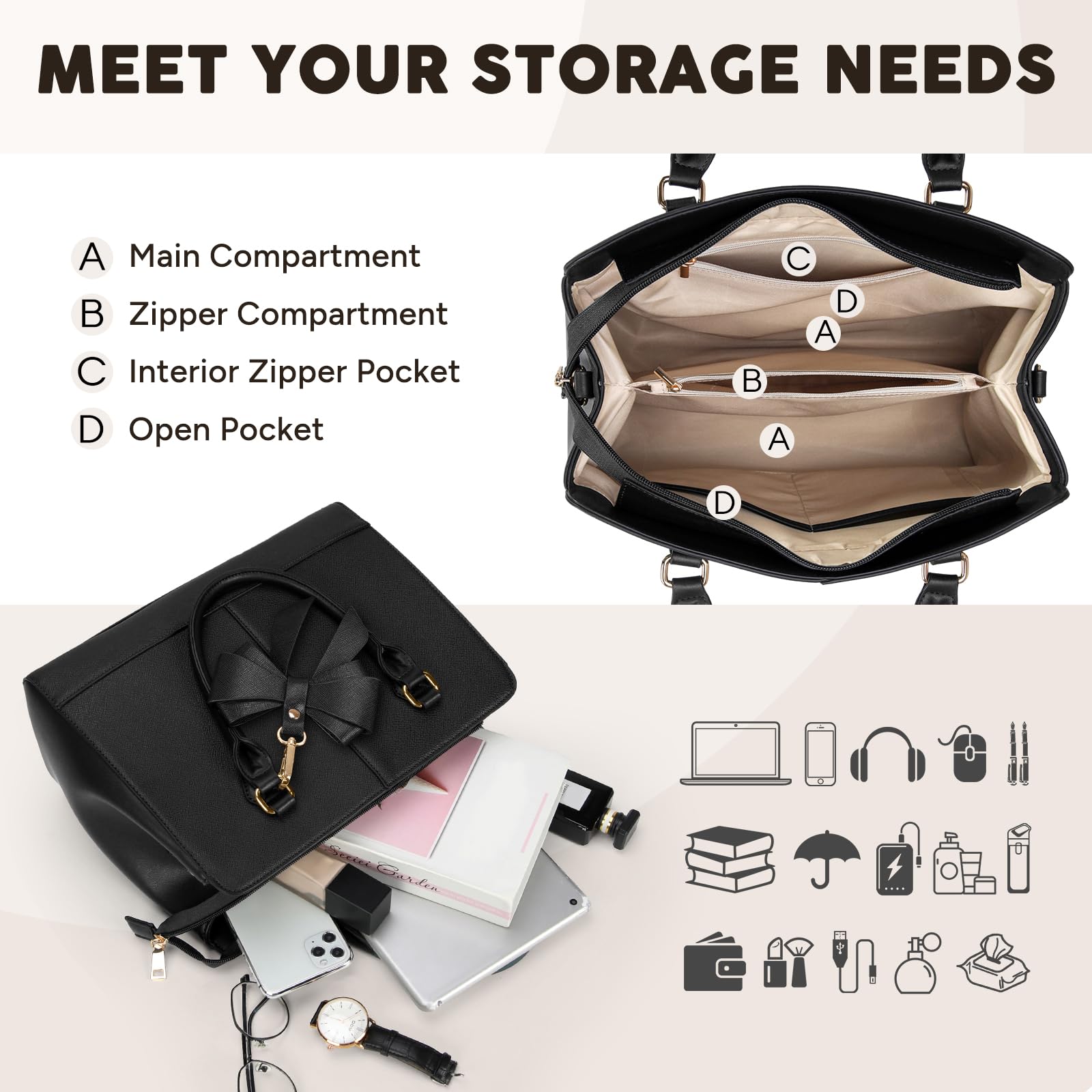 RAINSMORE Handbags for Women Waterproof Ladies Handbags PU Leather 13 Inch Women's Top-Handle Bags Medium Womens Shoulder Bags Fashion Tote Bag for Work Business Casual Black