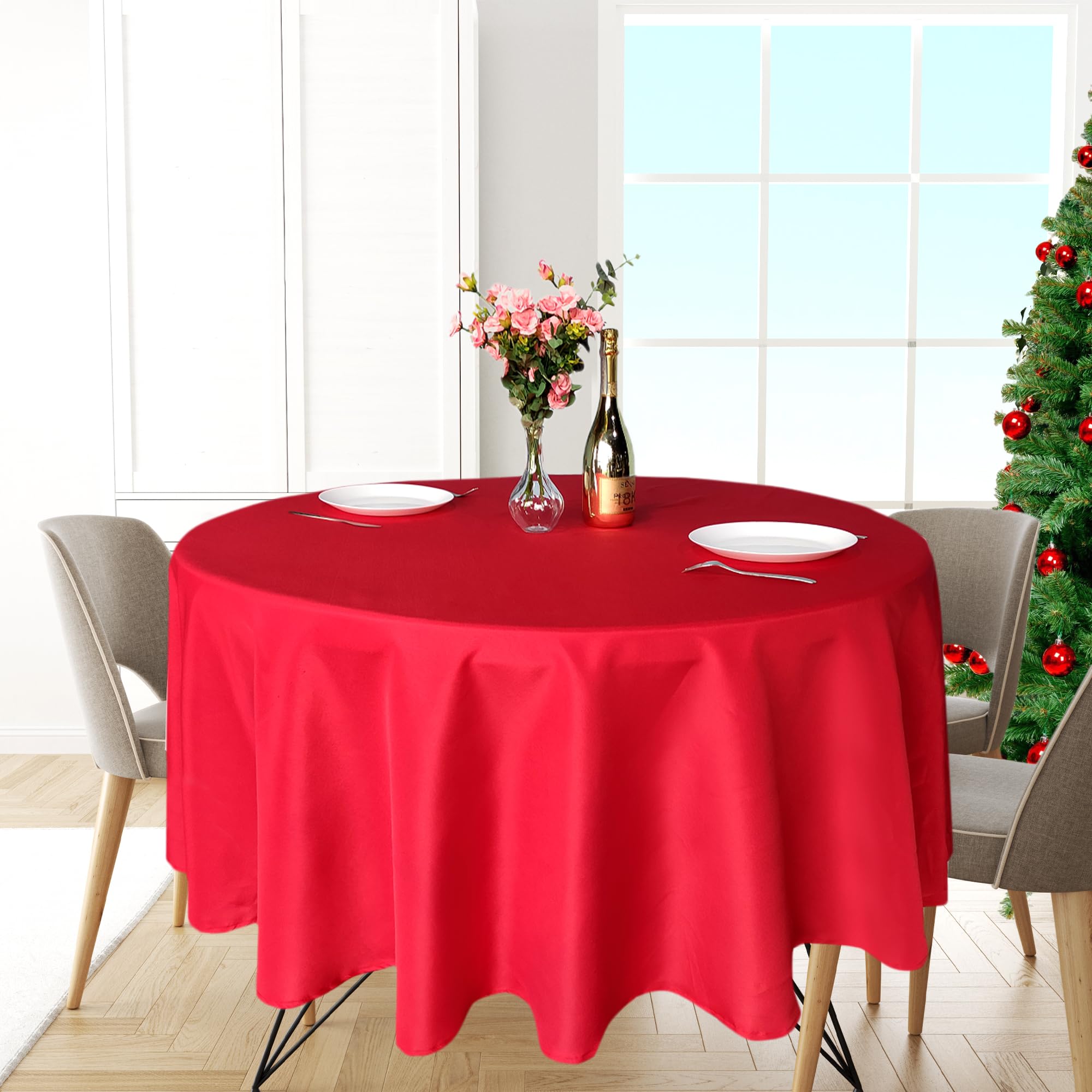Trimming Shop Round Tablecloth Polyester Circular Table Cover For Christmas Decorations, Dining Party, Banquets, Wedding, Birthday Party Events, 90 Inch, Red, 1pc