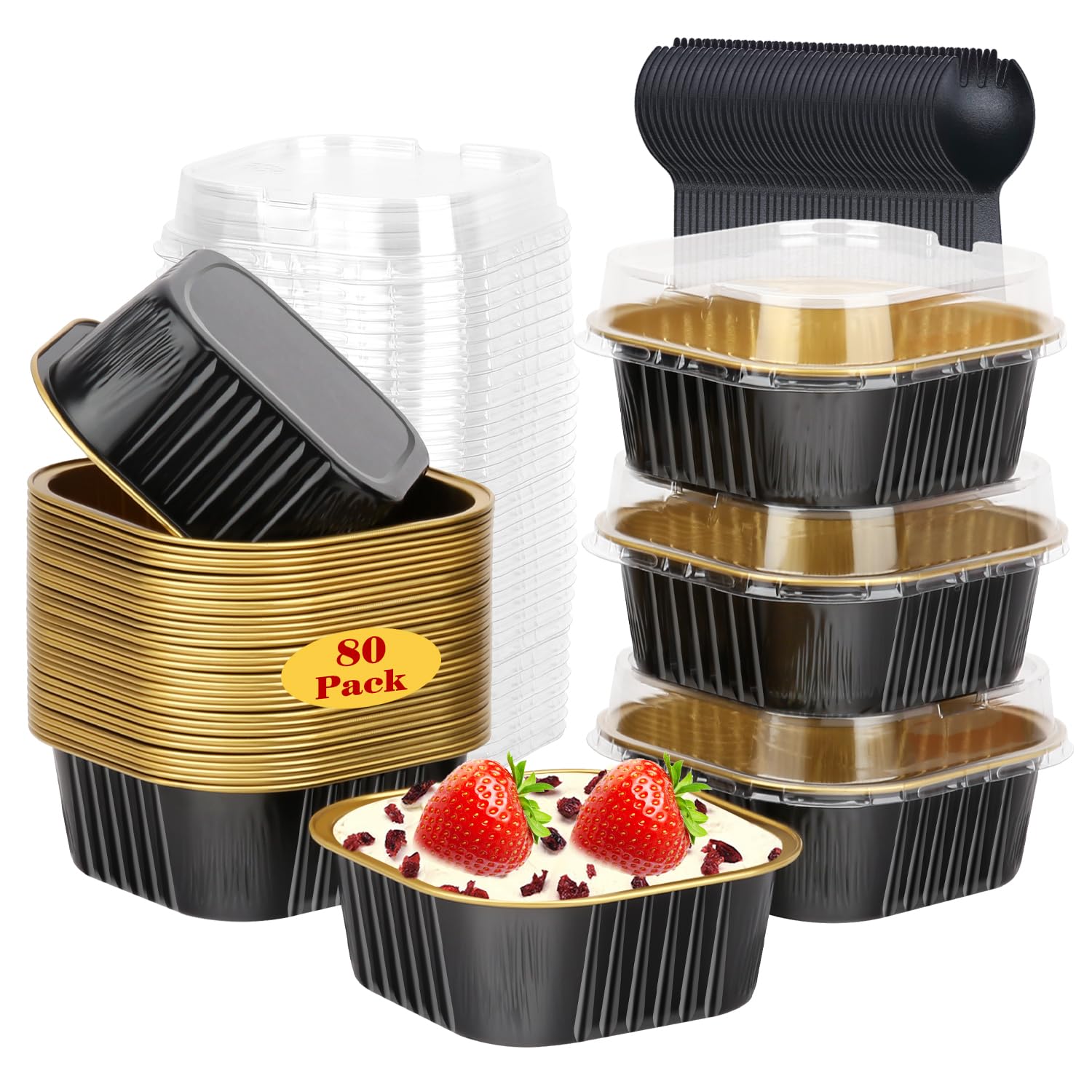Photo 1 of 10oz/80pack Mini Cake Pans with Lids,LNYZQUS Small Foil Baking Tins Brownie Baking Cups,4”x4” Disposable Ramekins Jumbo Cupcake Muffin Pan Mini Aluminum Containers Holders-Black