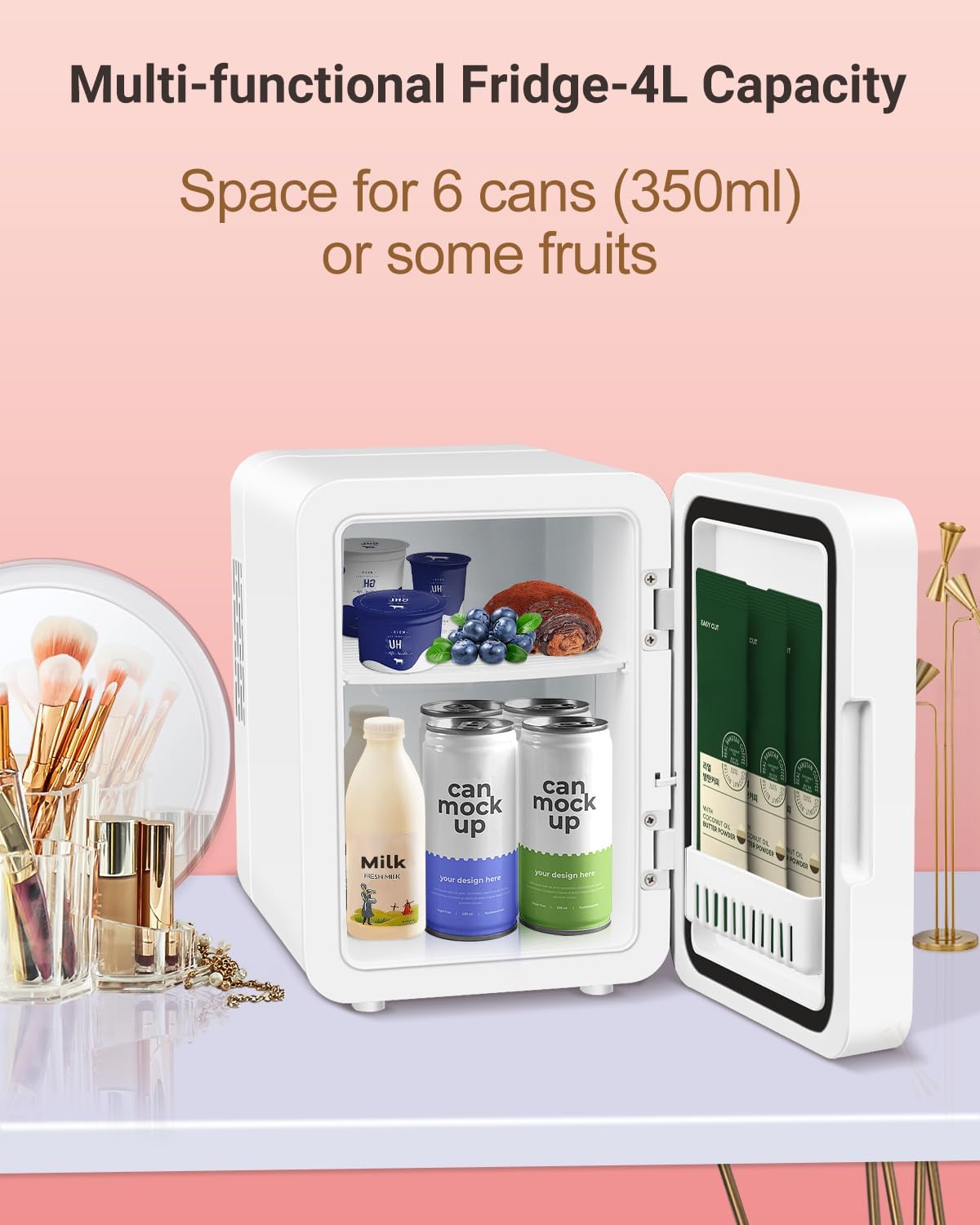 Portable Mini Fridge for Skincare Beauty Cosmetic Makeup, 4-Liter Thermoelectric Cooling and Warming Skin Care Refrigerator With Mirrored Door and Dimmable LED Light, White