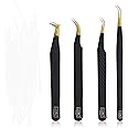 HADIZ Set of 4 Fiber Tip Diamond Grip Eyelash Extensions Tweezers Japanese Stainless Steel Lash Tweezer(Black)