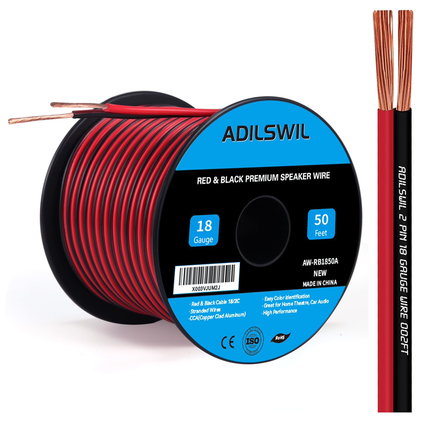 Photo 1 of 18AWG 50FT Speaker Wire, 2 Conductors Electrical Red Black Cable Hookup LED Lighting Strips Flexible Wire Extension Cord 18 Gauge Copper Clad Aluminum Copper Wire 12V/24V DC Cable