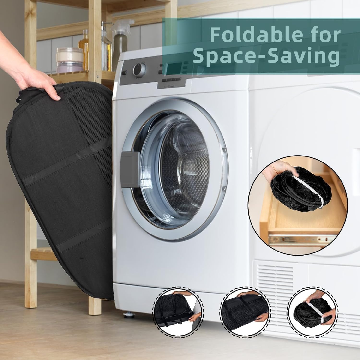 2er-Pack faltbare Pop-Up-Wäschekörbe mit reißfestem Griff platzsparend, stabil, geeignet für Schlafzimmer, Waschküche und Wohnmobilreisen (Schwarz) 3