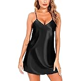 Vlazom Satin Nightshirts Sexy Silk Nightdress Spaghetti Strap Short Negligee Chemise Slip with Deep V Neck