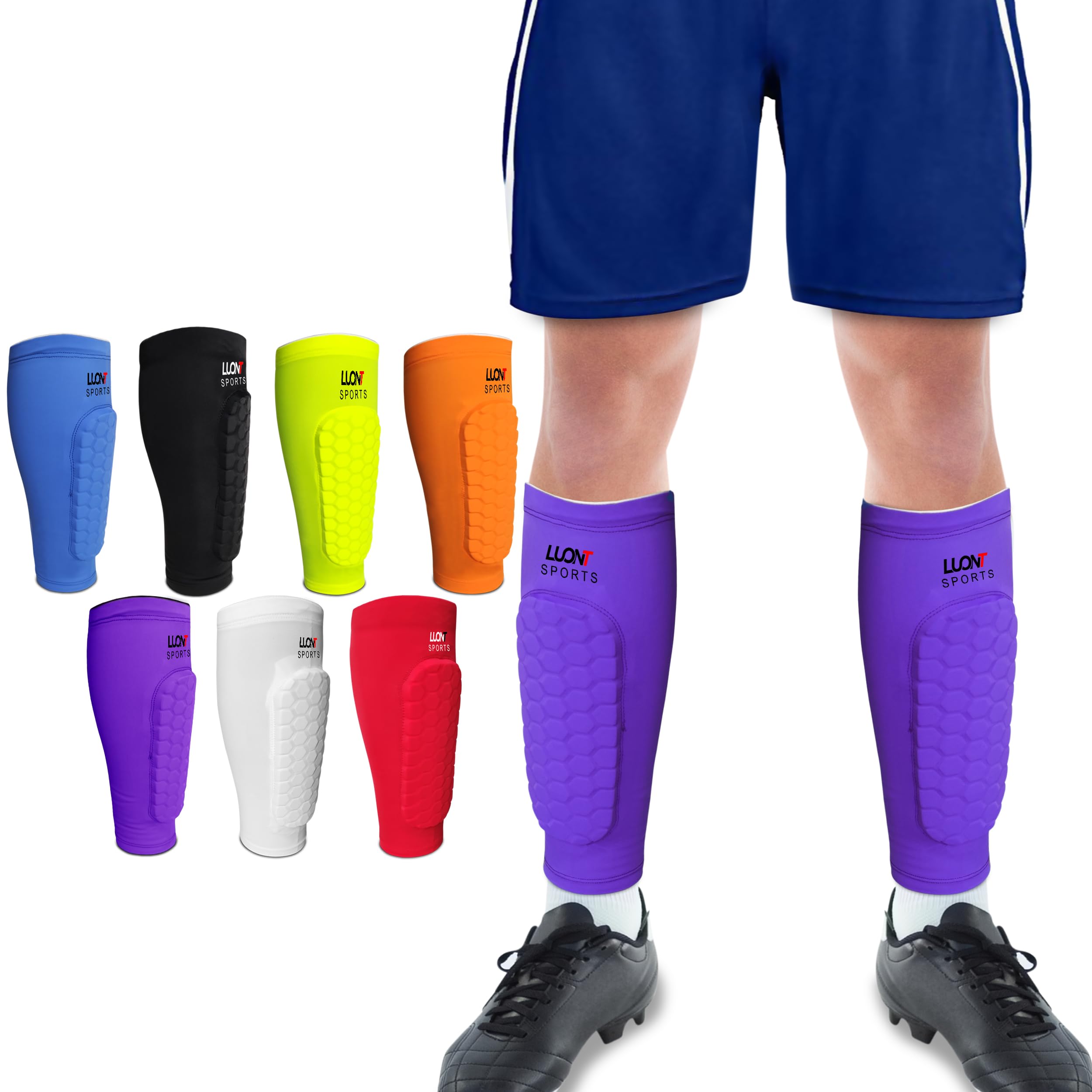 LUONT - Soccer Shin Guards for Men, Women & kids | Protective Football Soccer Pads with Superior Impact Absorption, Breathable, & Lightweight | Football Shin Guards Sleeves (L, Purple)