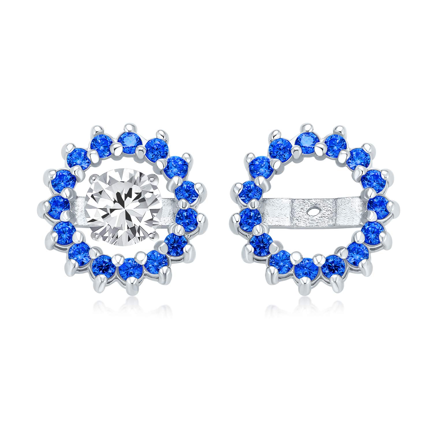 Royal Blue Cubic Zirconia Simulated Sapphire CZ Round Pave Halo Earrings Jackets For Studs Jacket Only For Women .925 Sterling Silver — image 1