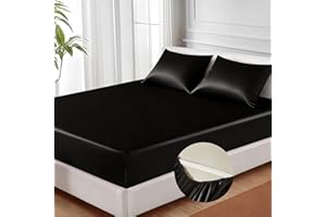 MR&HM Satin Fitted Sheet, Queen Size Black Fitted Sheet Only, Silky Soft Cooling Bed Sheets 15 Inches Deep Pocket for Mattres