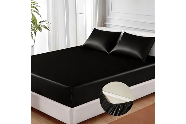 MR&HM Satin Fitted Sheet Queen Size with Elastic Corner Straps, Black | 15" Deep Pocket, Secure Fit, No Slipping or Bunching,