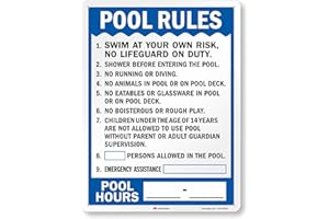 SmartSign 24" x 18" 'Pool Rules Swim At Your Own Risk, Shower Before Entering, Emergency Assistance, Pool Hours' Metal Sign Write-On, 80 mil 3M Laminated EG Reflective, Blue/White, USA-Made