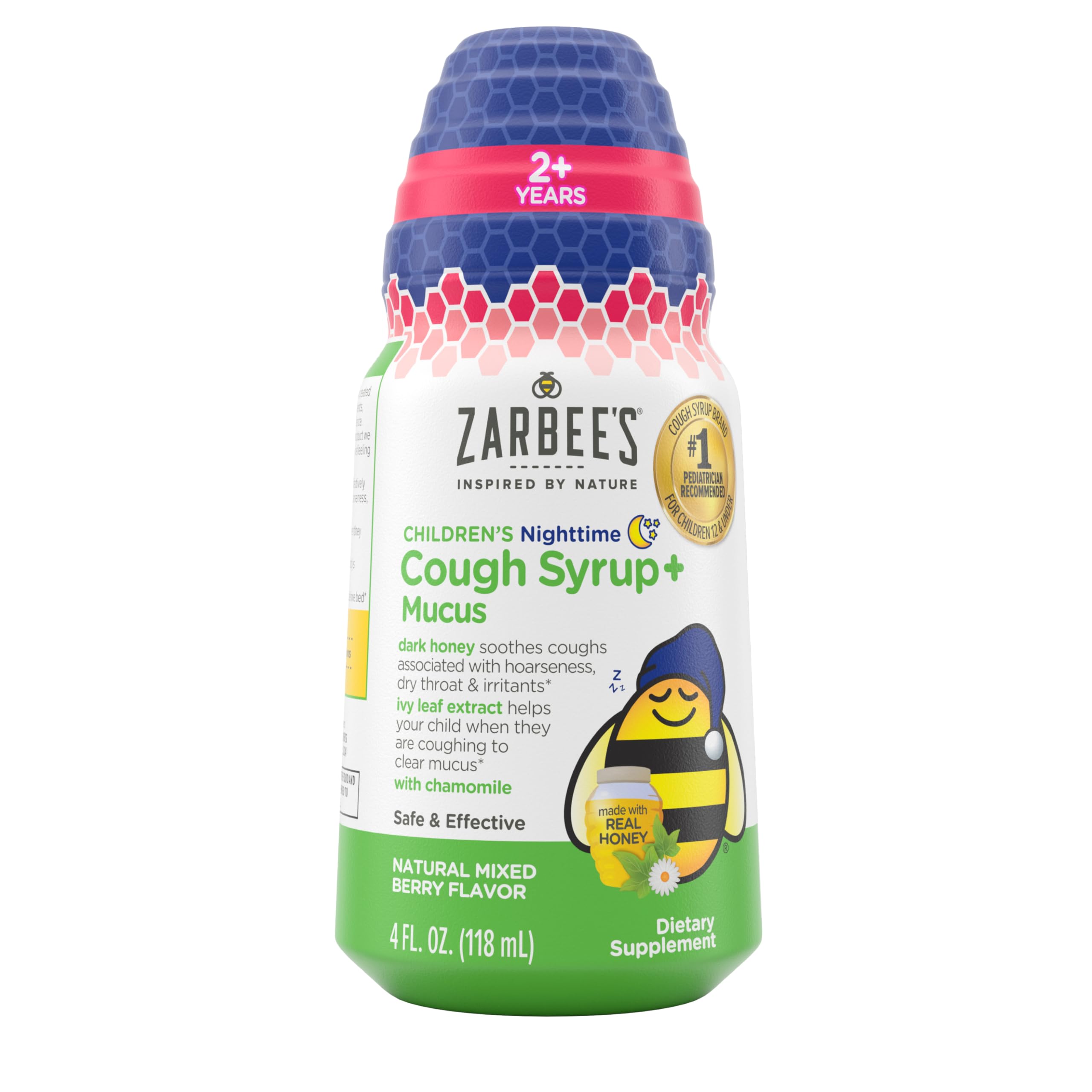 Zarbee's Children's Nighttime Honey Cough Syrup + Mucus for Kids 2+ + Dark Honey, Ivy Leaf, & Calming Chamomile, #1 Pediatrician Recommended, Drug & Alcohol-Free, Mixed Berry, 4 fl. oz
