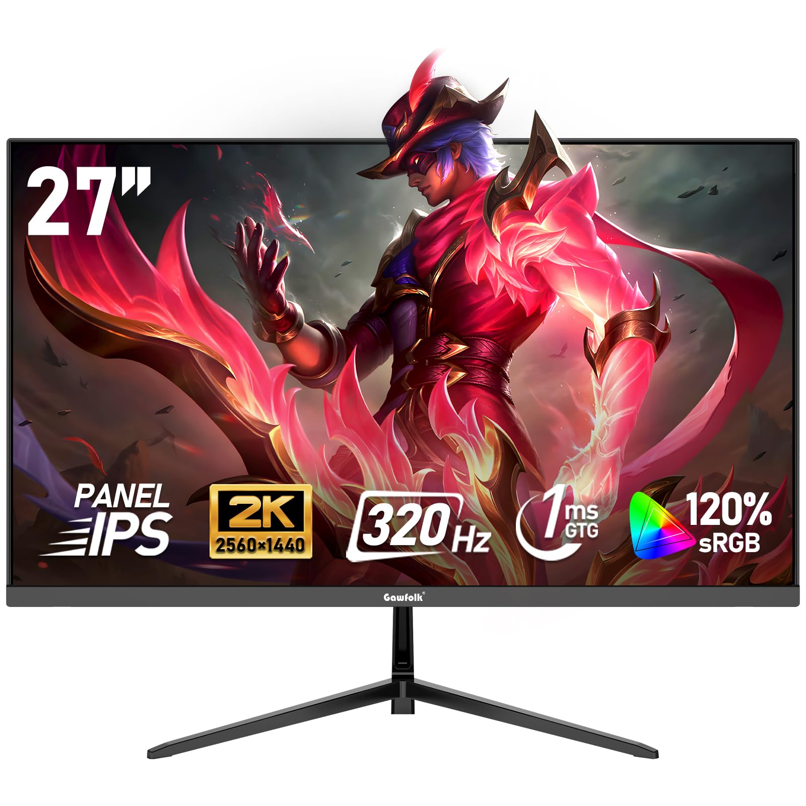 Gawfolk 27 inch IPS 2K QHD(2560×1440) PC Screen,320Hz Gaming Computer Monitor, 1ms Without Bezel, FreeSync,120% sRGB, HDMI2.0、DisplayPort, 75 * 75MM Wall Mount Compatible - Black Image