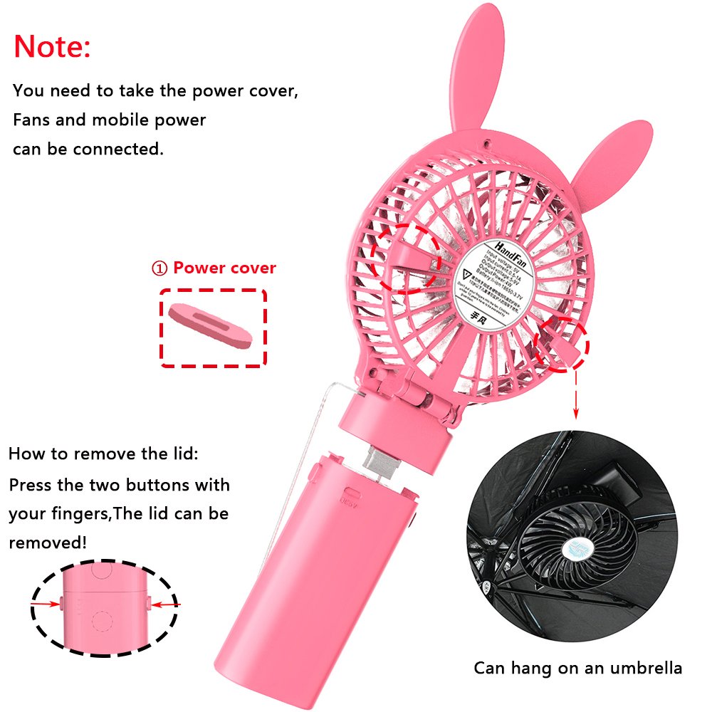 Small Handheld Fan,HandFan USB Rechargeable Fan mini Portable Fan Power Personal Fan Collapsible Electric Fan Desk Fan with 4000mA Mobile Battery for Stroller Camping Tent Dorm Office(Pink rabbit)