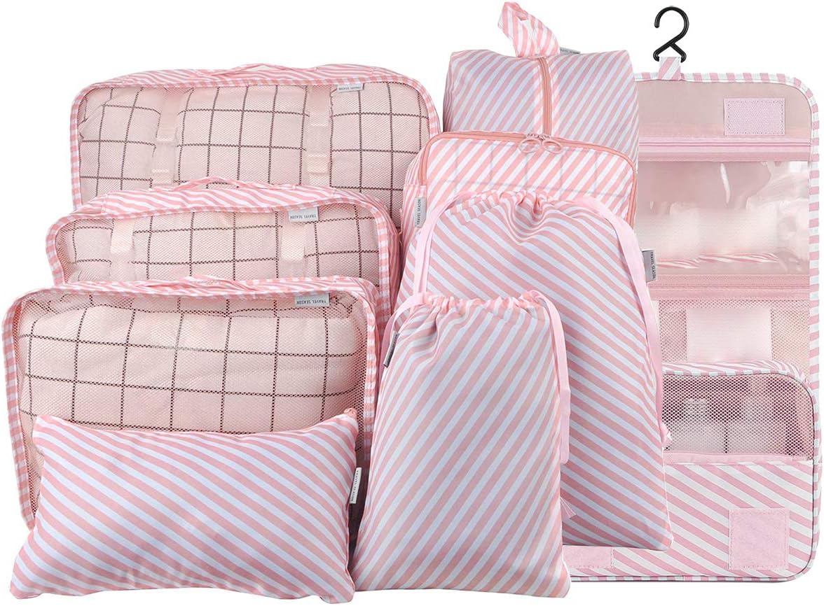Belsmi 9 Set Packing Cubes with Shoe Bag - Compression Travel Luggage Organizer (9pcs Pink stripes)