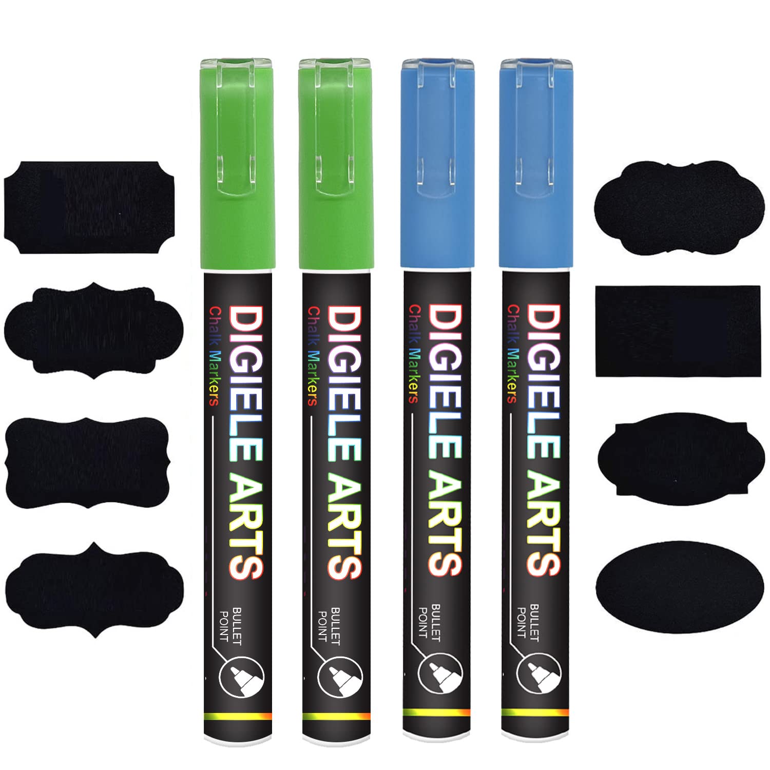 Liquid Chalk Marker Pens Blue + Green, DIGIELE 2pcs Blue Chalk Pens + 2pcs Green Markers, 3mm Dry or Wet Wipe Erase, Thin & Medium Reversible Bullet or Chisel Tip, 4 Pens & 16 Chalkboard Labels Packed